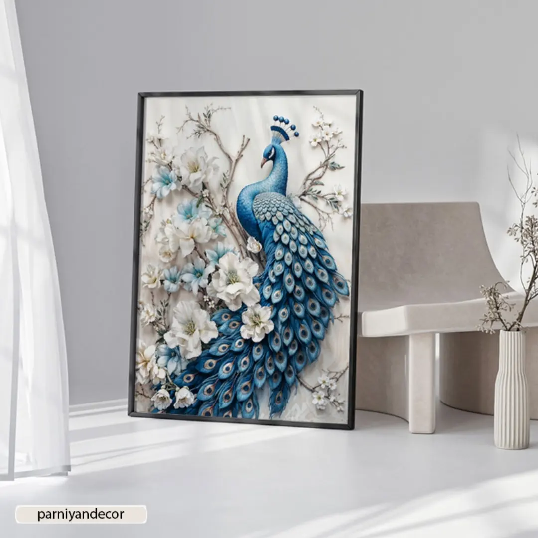چاپ تابلو دکوراتیو عمودی طرح طاووس و گل