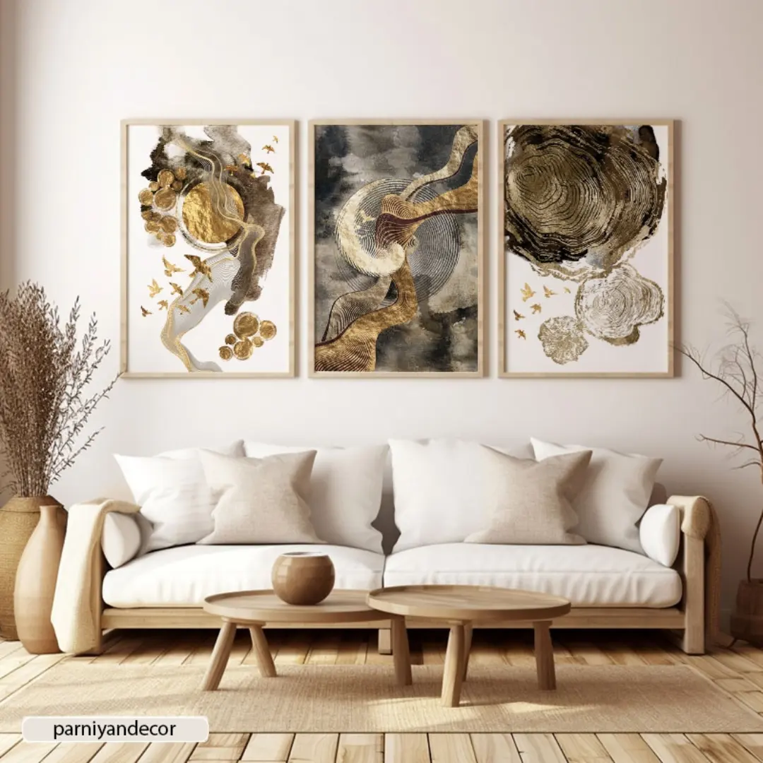 چاپ تابلو دکوراتیو ست سه تکه لوکس سبک آبستره و المانهای طلایی، پرنده و مواج.
