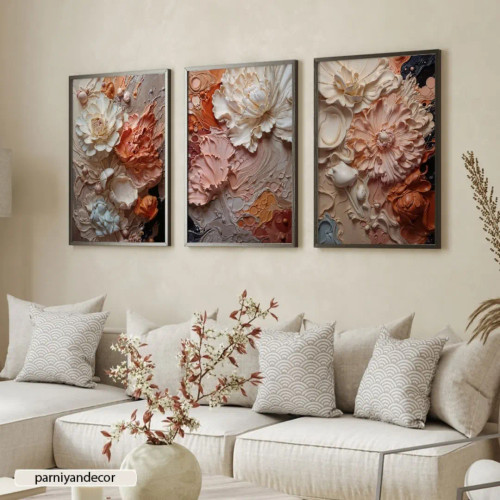 چاپ تابلو دکوراتیو ست سه تکه نقاشی دیجیتال با گل برجسته رنگ روغن